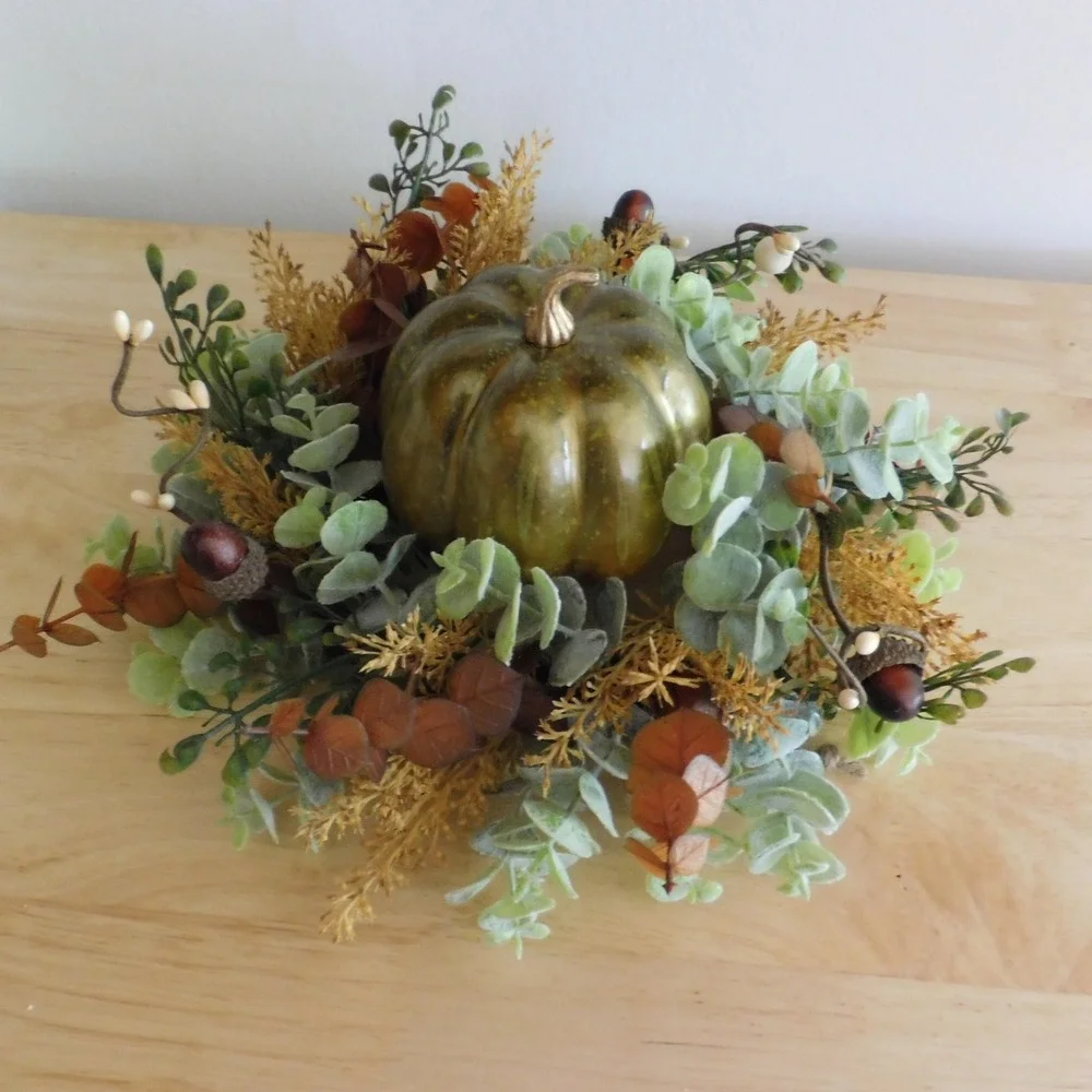 Fall Candle Ring Wreath, Mini Thanksgiving Cabinet Decor, Eucalyptus, acorns